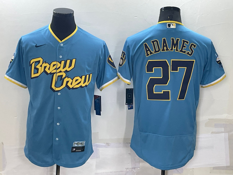 Men's Milwaukee Brewers #27 Willy Adames 2022 Powder Blue City Connect Flex Base Stitched Jersey Men's Milwaukee Brewers #27 Willy Adames 2022 Powder Blue City Connect Flex Base Stitched Jersey